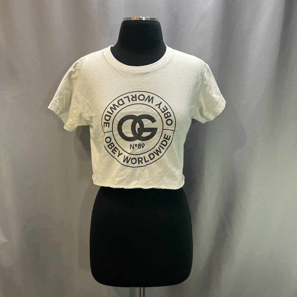 Obey Worldwide OG No 89 T Shirt Women XS Beige Cotton Graphic Crew Neck Cropped